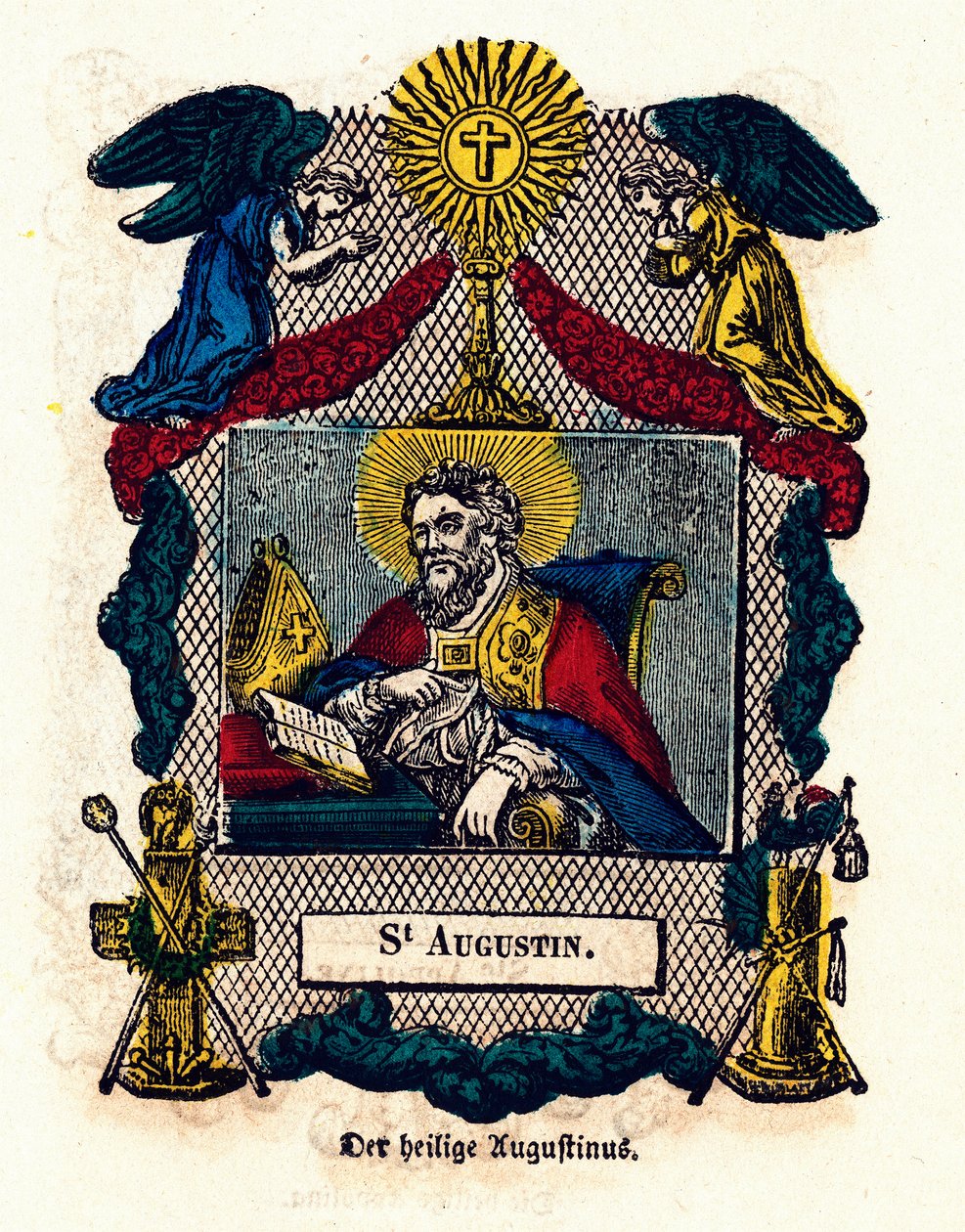 Vrome afbeelding: Sint Augustinus (Augustinus van Hippo (354 - 430), bisschop en kerkleraar, auteur van de Regel van Sint Augustinus en Belijdenissen). Gravure uit de 19e eeuw Privécollectie door Anonymous Anonymous