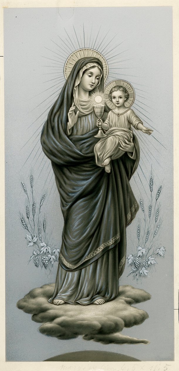 Vrome afbeelding: Maagd en kind met het Heilig Sacrament (gravure) door Anonymous Anonymous