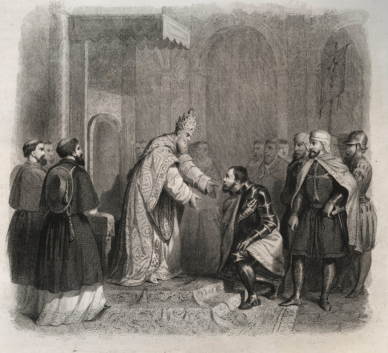 Paus St. Pius V (1566-1572) ontvangt de winnaar van de Slag bij Lepanto. Gravure uit 1846 in Lives of the Saints. Privécollectie door Anonymous Anonymous