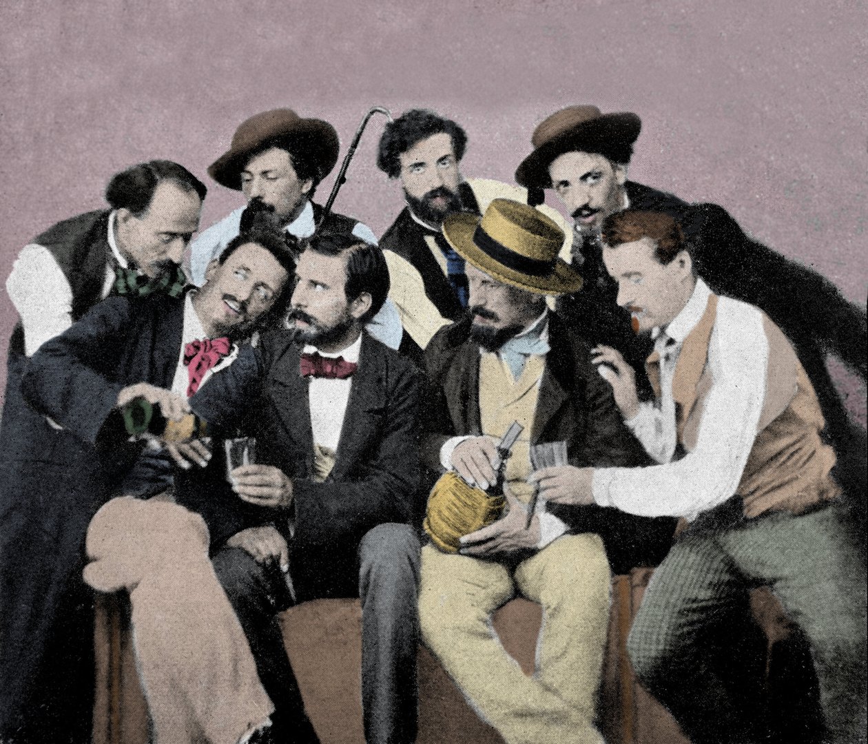 Portretgroep van kunstenaars (Macchiaioli) in Florence: onder hen linksboven naar rechts Gaetano Bianchi, Cristiano Banti, Vito d