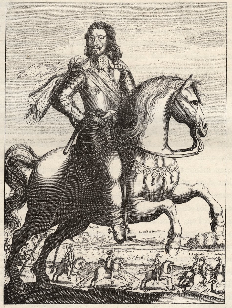 Portret van Bernard van Saksen-Weimar (Saksen-Weimar) (1604-1639) met de voorstelling van de gevangenneming van John of Werth door hertog Bernard en hertog van Rohan. Gravure uit de 17e eeuw. Privécollectie door Anonymous Anonymous