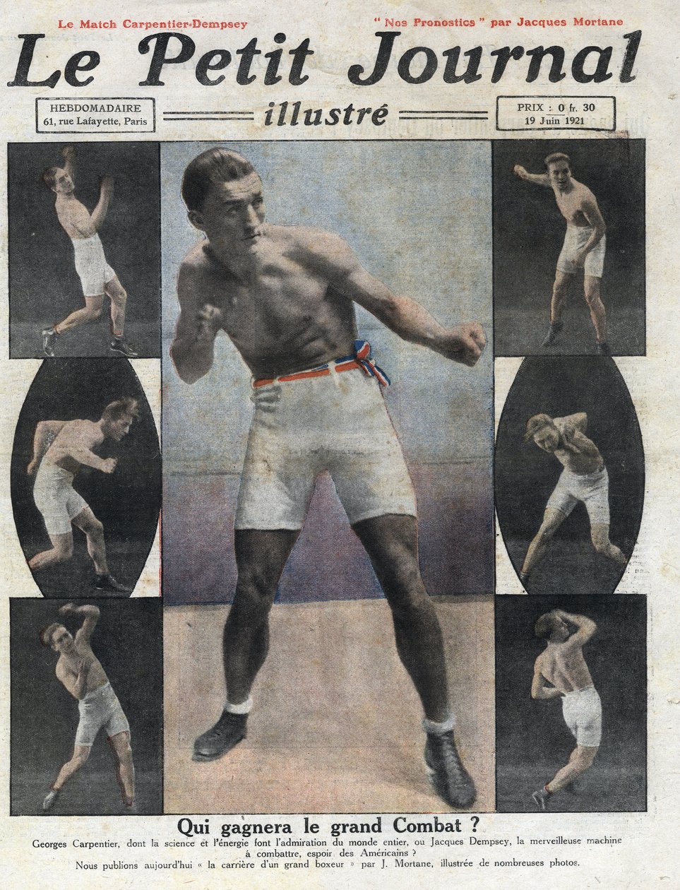 Portret van de Franse bokser Georges Carpentier die zal vechten tegen de Amerikaanse bokser Jack Dempsey voor de titel van Wereldkampioen. Illustratie uit 