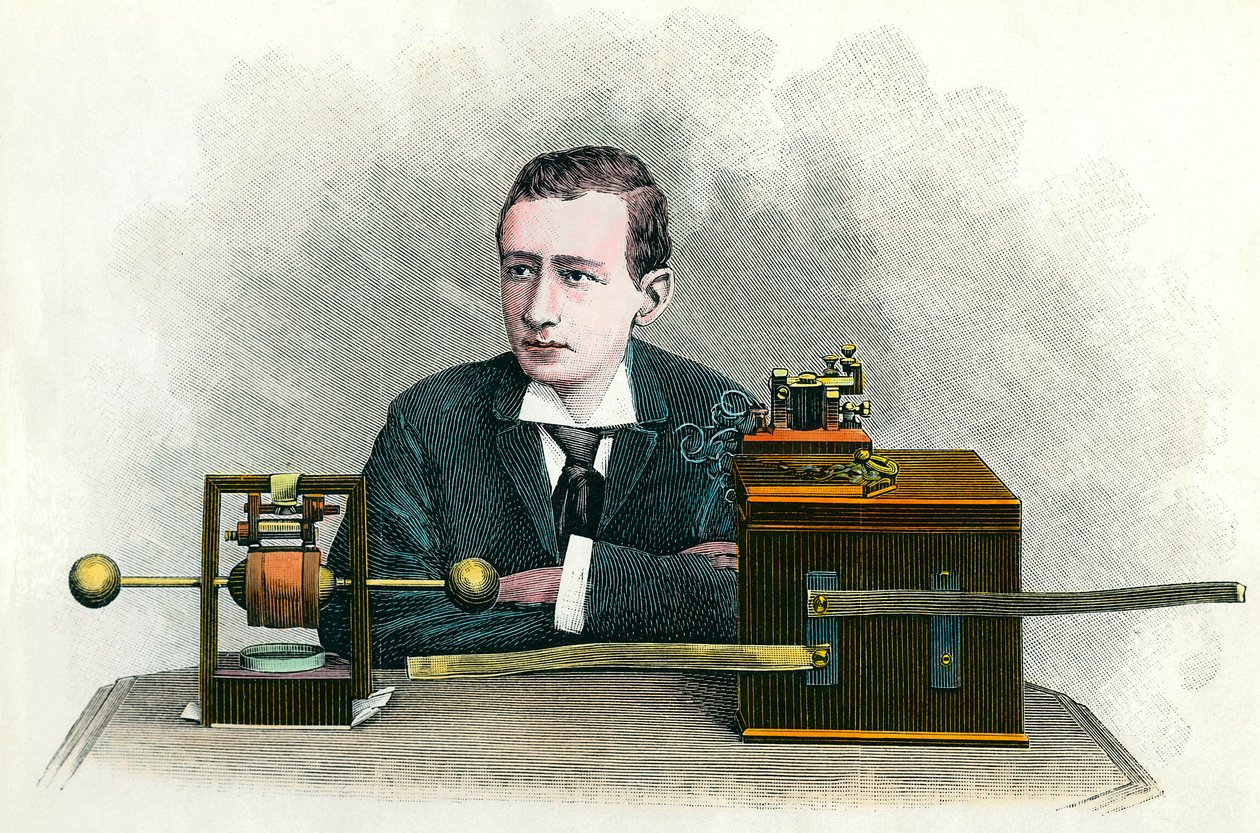Portret van Guglielmo Marconi (1874-1937), Italiaanse natuurkundige, uitvinder van de telegraaf. Gravure rond 1900. Privécollectie door Anonymous Anonymous