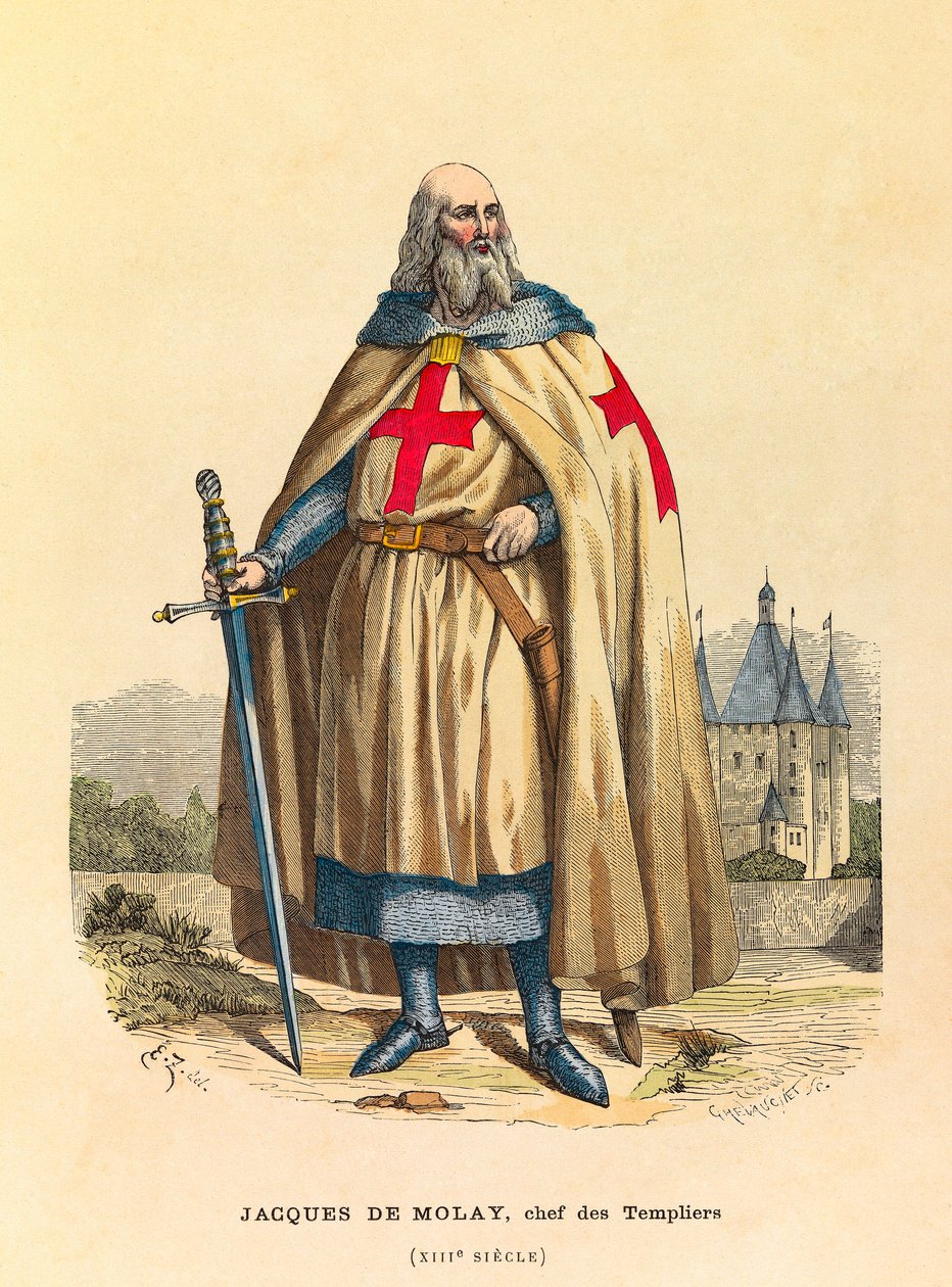 Portret van Jacques de Molay (1244 - 1314), Grootmeester van de Tempeliers in de 13e eeuw (gravure) - privécollectie door Anonymous Anonymous