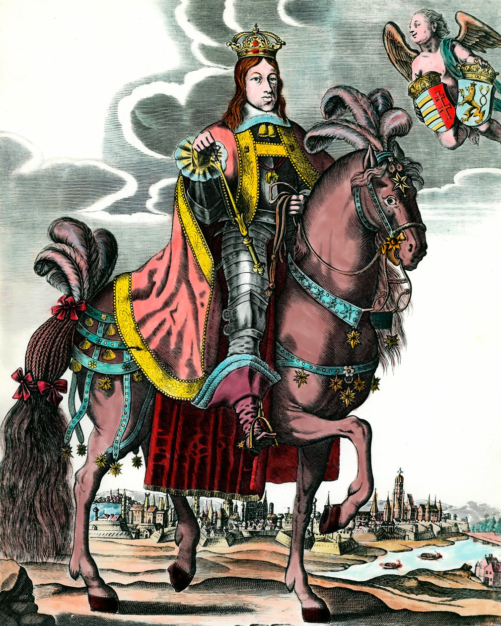 Portret van Leopold I, Heilige Roomse Keizer - Ruiterportret van Leopold I (1640 - 1705) Koning van Hongarije, Bohemen, Dalmatië, Kroatië en Duitse Keizer. Gravure uit de 17e eeuw. Privécollectie door Anonymous Anonymous
