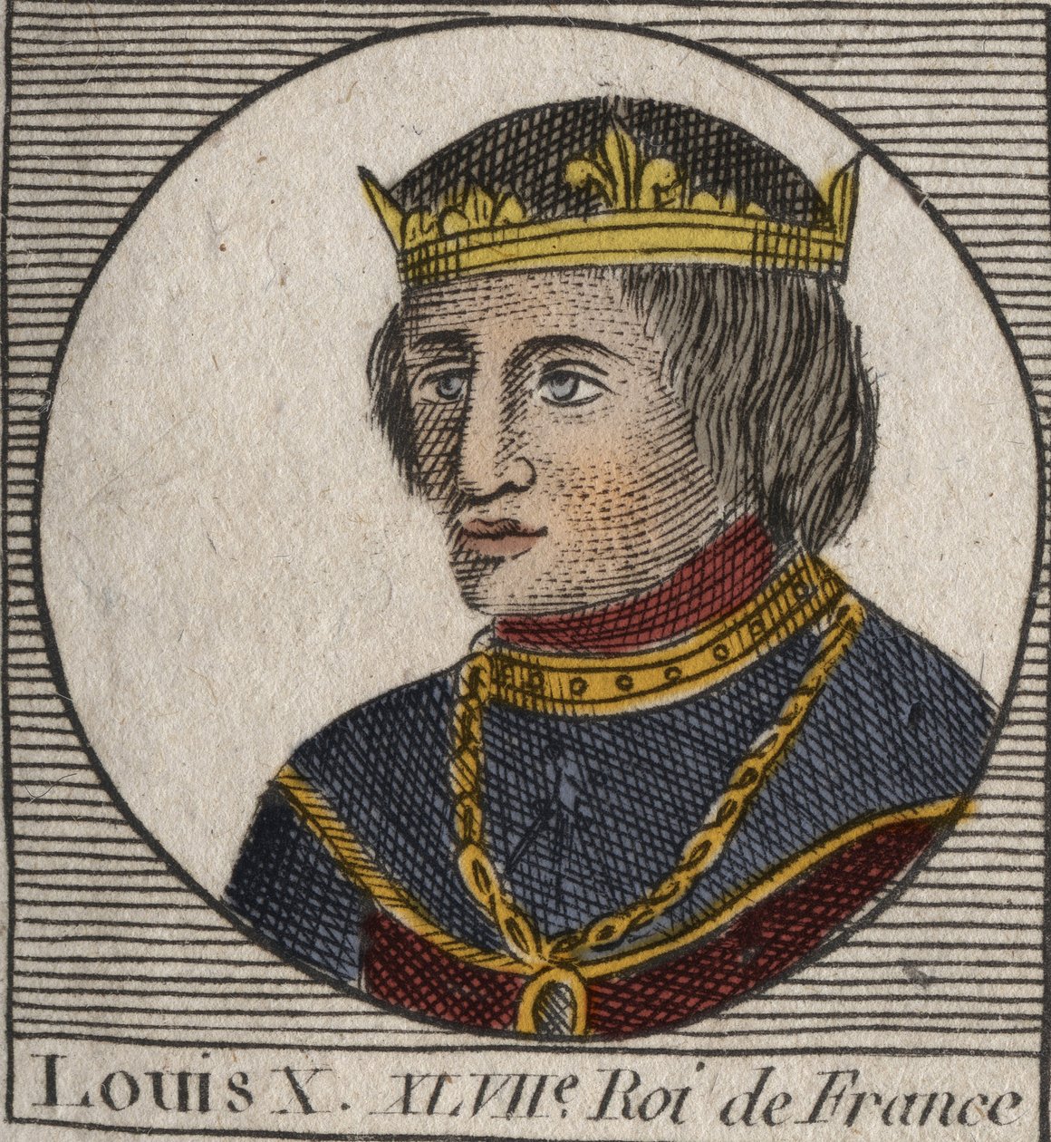 Portret van Lodewijk X le Hutin (1289 - 1316), Koning van Frankrijk - Lodewijk X (1289-1316) de Koppige, Koning van Frankrijk en Navarra - gravure uit 