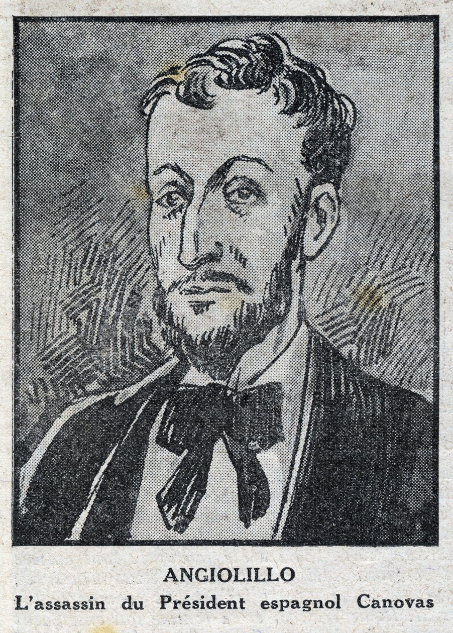 Portret van Michele Angiolillo Lombardi, Italiaanse anarchist (1871-1897), moordenaar van de Spaanse president Antonio Canovas del Castillo (1828-1897). Gravure in 