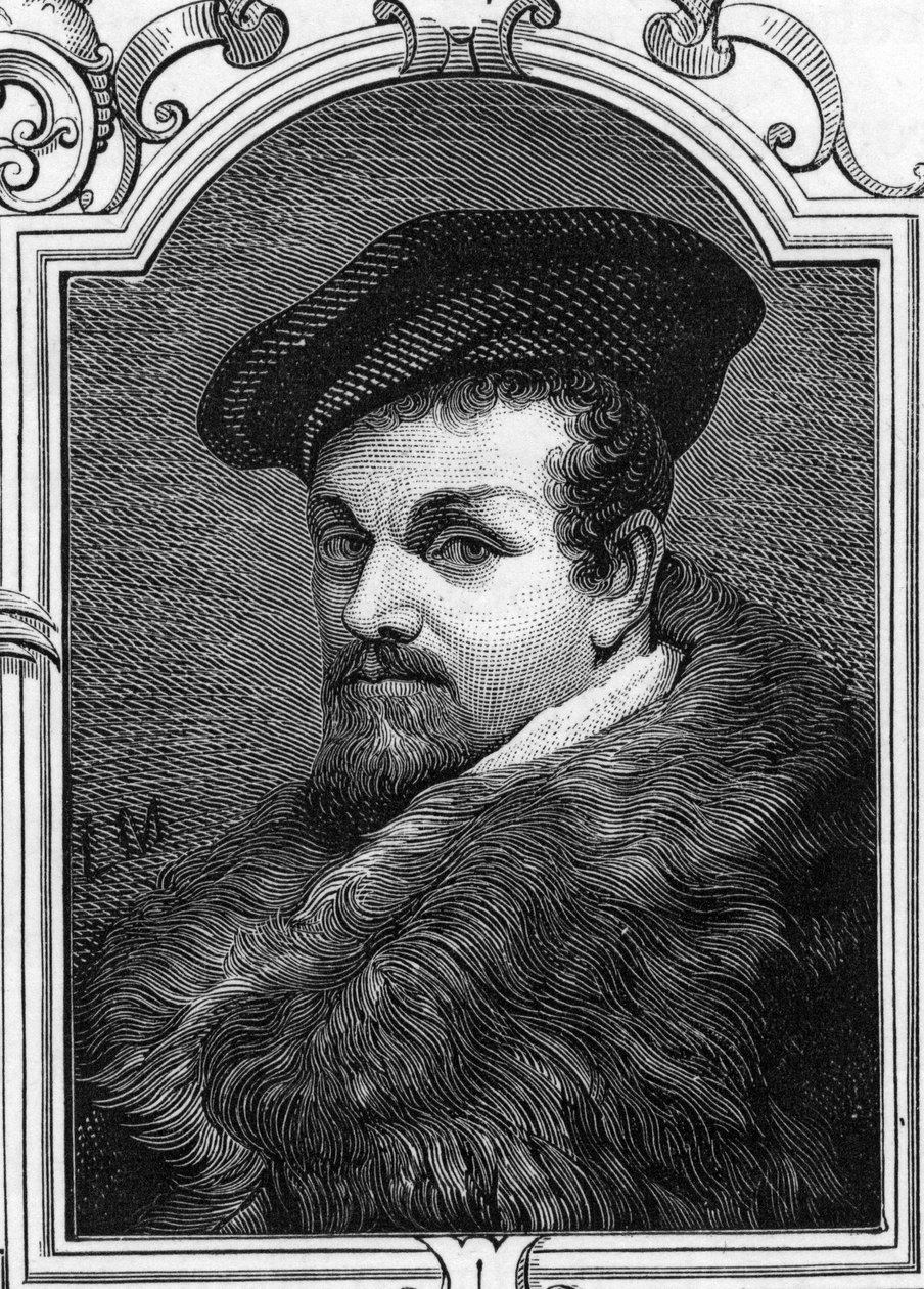 Portret van Pier Francesco Mazzucchelli, ook wel il Morazzone genoemd (1573-1626), Italiaanse schilder. Gravure uit 1859 in 