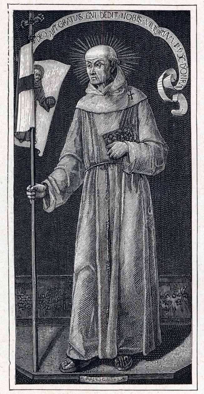 Portret van Sint Jan van Capistrano (Giovanni da Capestrano) (1386-1456), Italiaanse franciscaan. Naar het 15e-eeuwse schilderij van Bartolomeo Vivarini. Gravure in “Les Missions Catholiques au XIXème Siècle” door Louis-Eugène Louvet. Privécollectie door Anonymous Anonymous