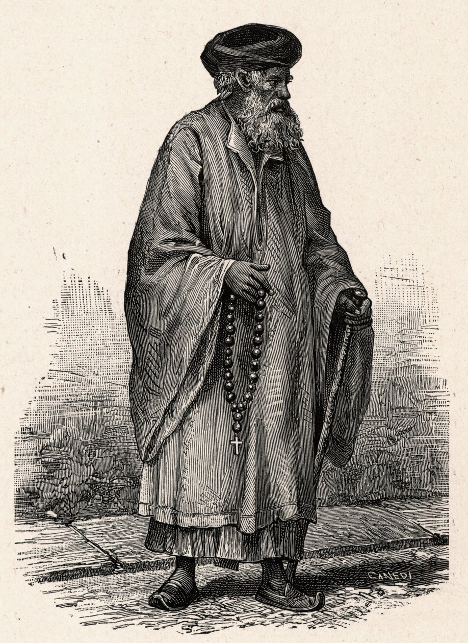 Portret van een katholieke Kopt uit Zifte in Egypte. Gravure in Les Missions Catholiques au XIXe Siècle door Louis-Eugene Louvet. Privécollectie. door Anonymous Anonymous