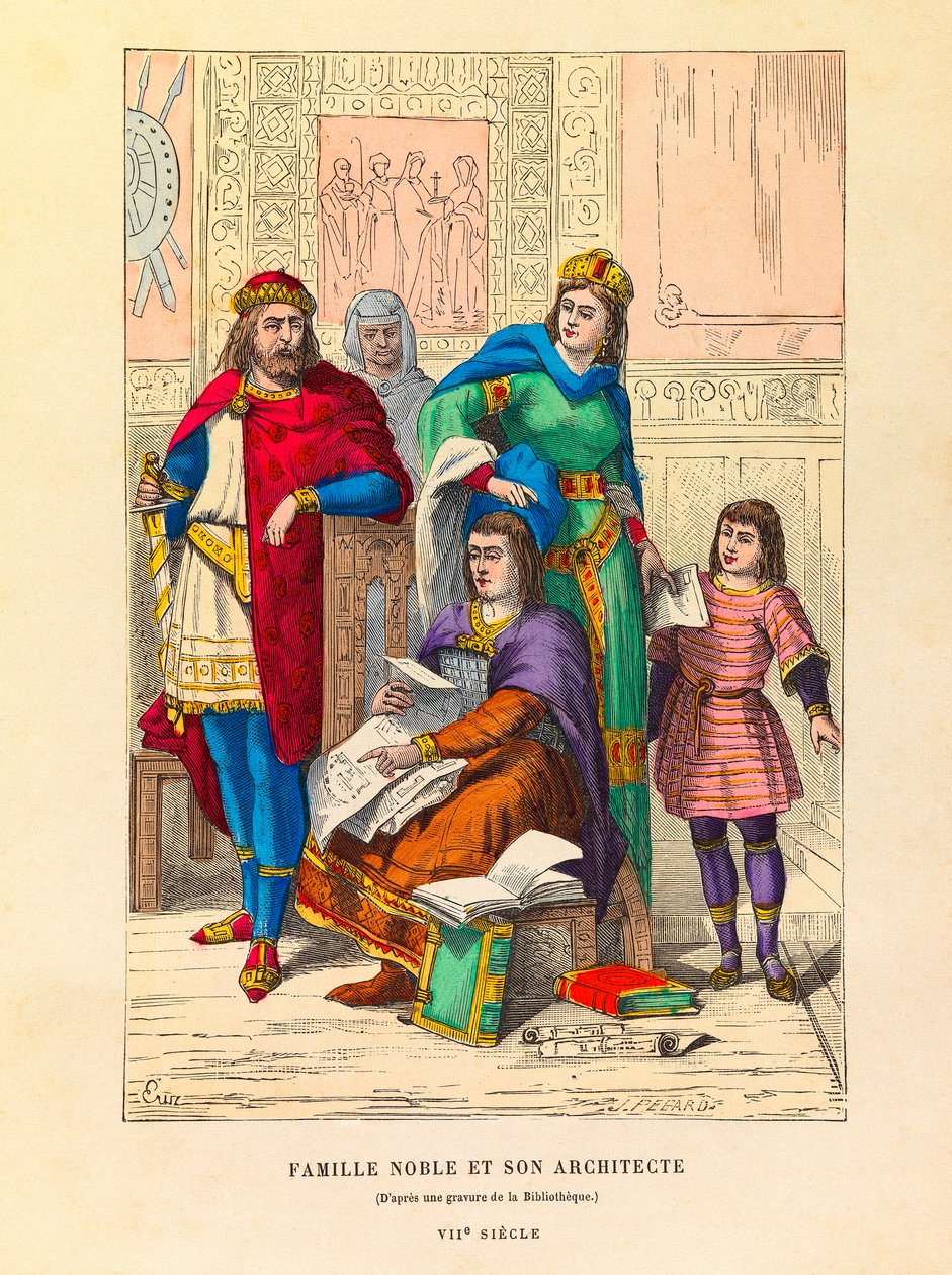 Portret van een adellijke familie met hun architect in de 7e eeuw, gravure - privécollectie door Anonymous Anonymous