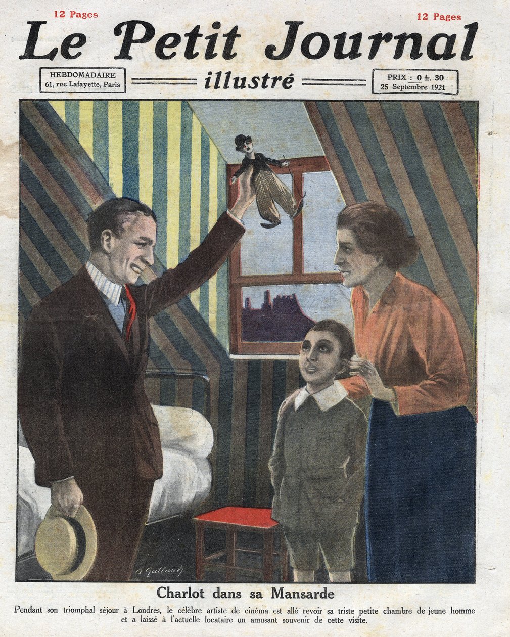 Portret van acteur Charlie Chaplin op reis naar Londen, hij bezoekt zijn voormalige kamer en geeft het kind van de familie een kleine pop van Charlot. Illustratie uit 