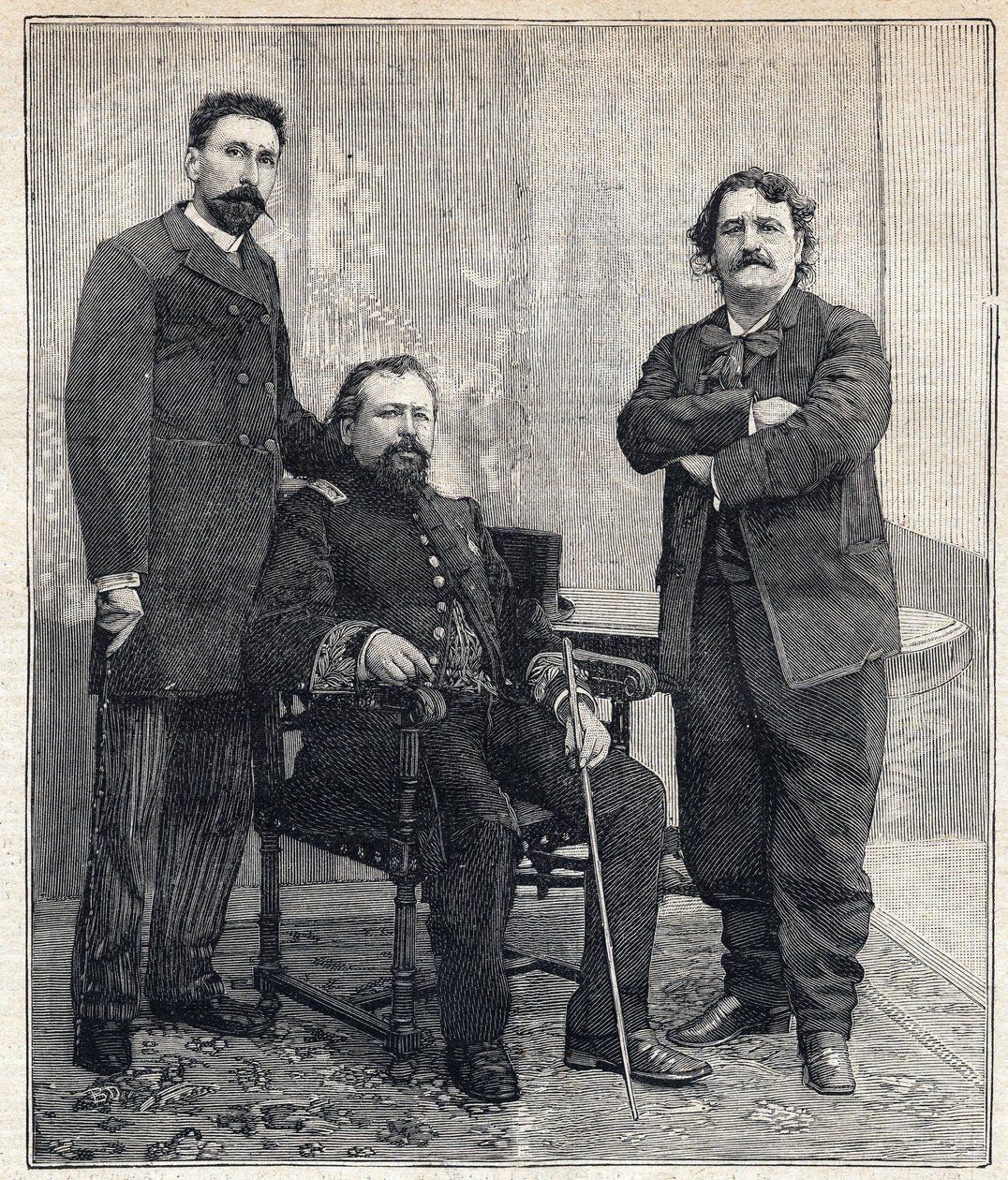 Portret van de drie "Academici": Marius Tournade, Achille Le Roy en Maxime Lisbon (1839-1905) die de Franse Academie wilden belachelijk maken. Gravure in "Le Petit Parisien" op 4/06/1893. door Anonymous Anonymous