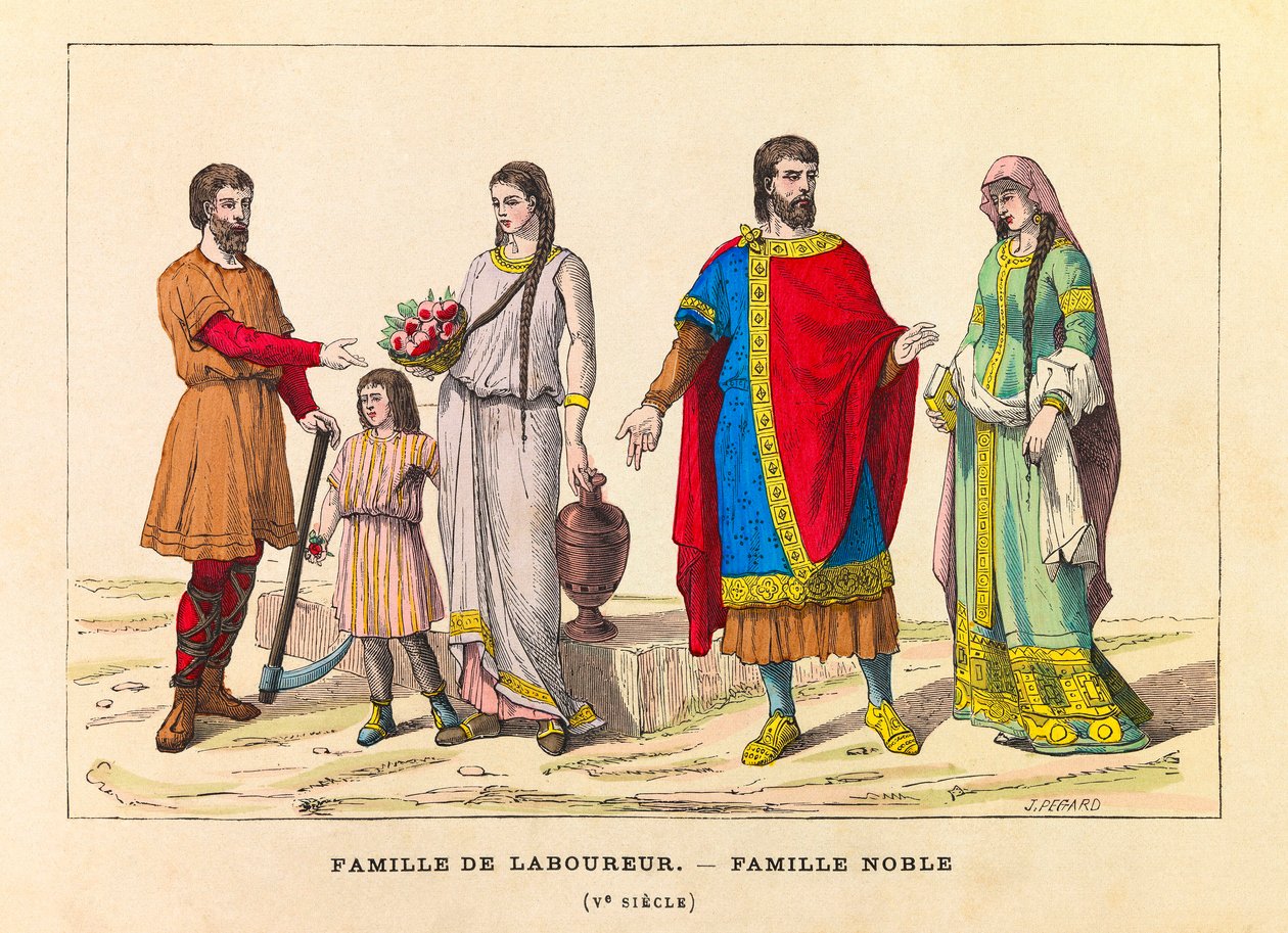 Portretten en kostuums van een ploegersfamilie en een adellijke familie in de 5e eeuw, gravure - privécollectie door Anonymous Anonymous