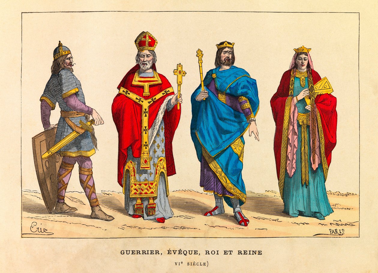 Portretten en kostuums van een krijger, een bisschop, een koning en een koningin in de 6e eeuw, gravure door Anonymous Anonymous