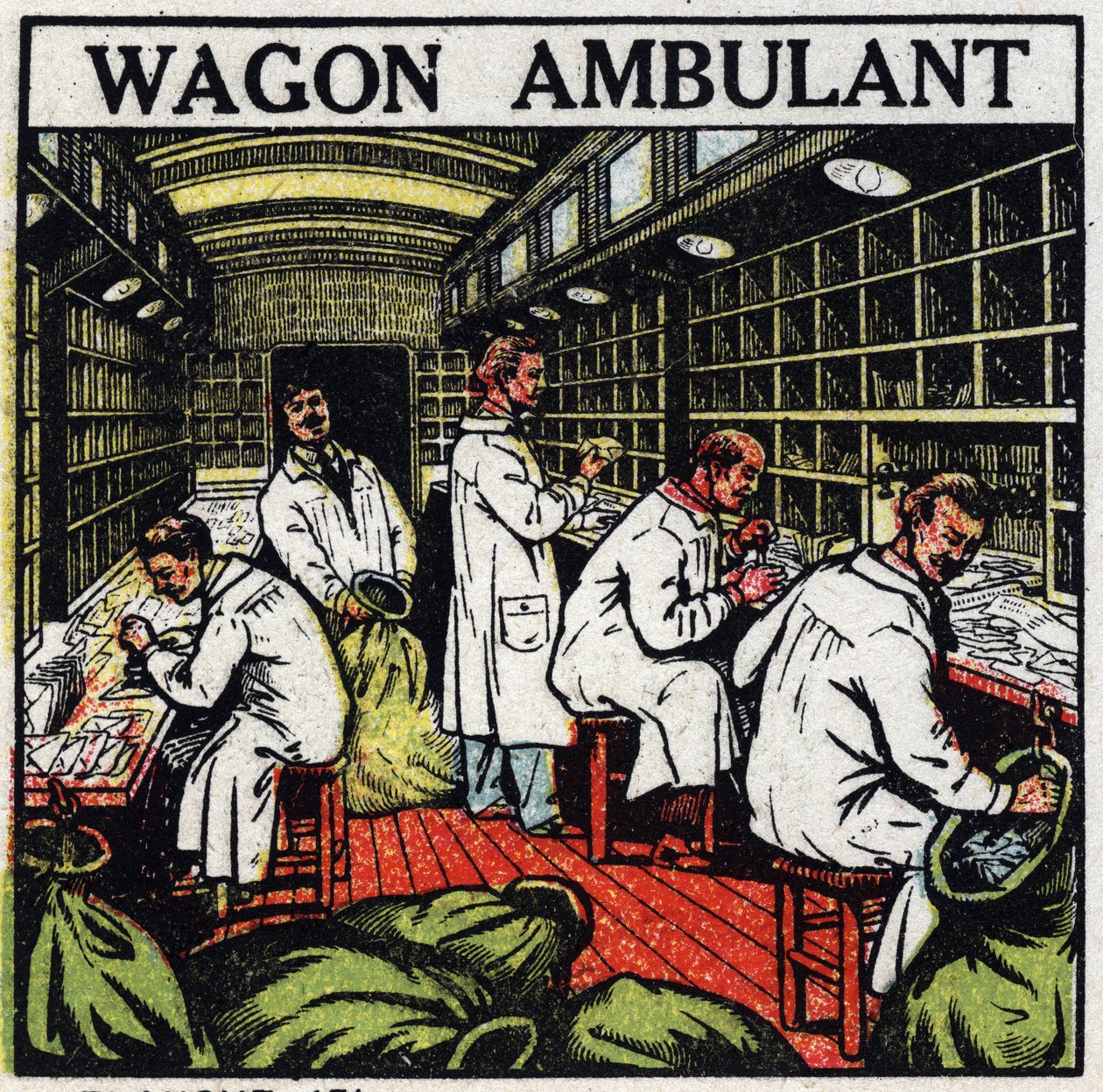Postkantoor: wandelend postkantoor in een spoorwegwagon. Anonieme illustratie uit 1925. Privécollectie. door Anonymous Anonymous