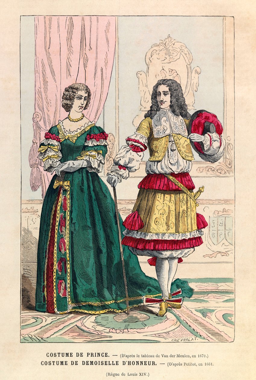 Prinsenkostuum en bruidsmeisjeskostuum onder de regering van Lodewijk XIV (1638-1715) - privécollectie door Anonymous Anonymous