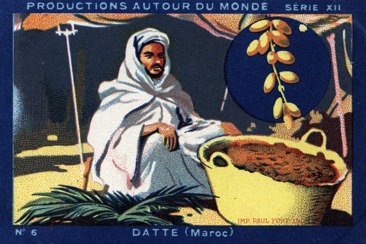 Producties over de hele wereld: Dadels in Marokko. Chromolithografie uit 1933 in 