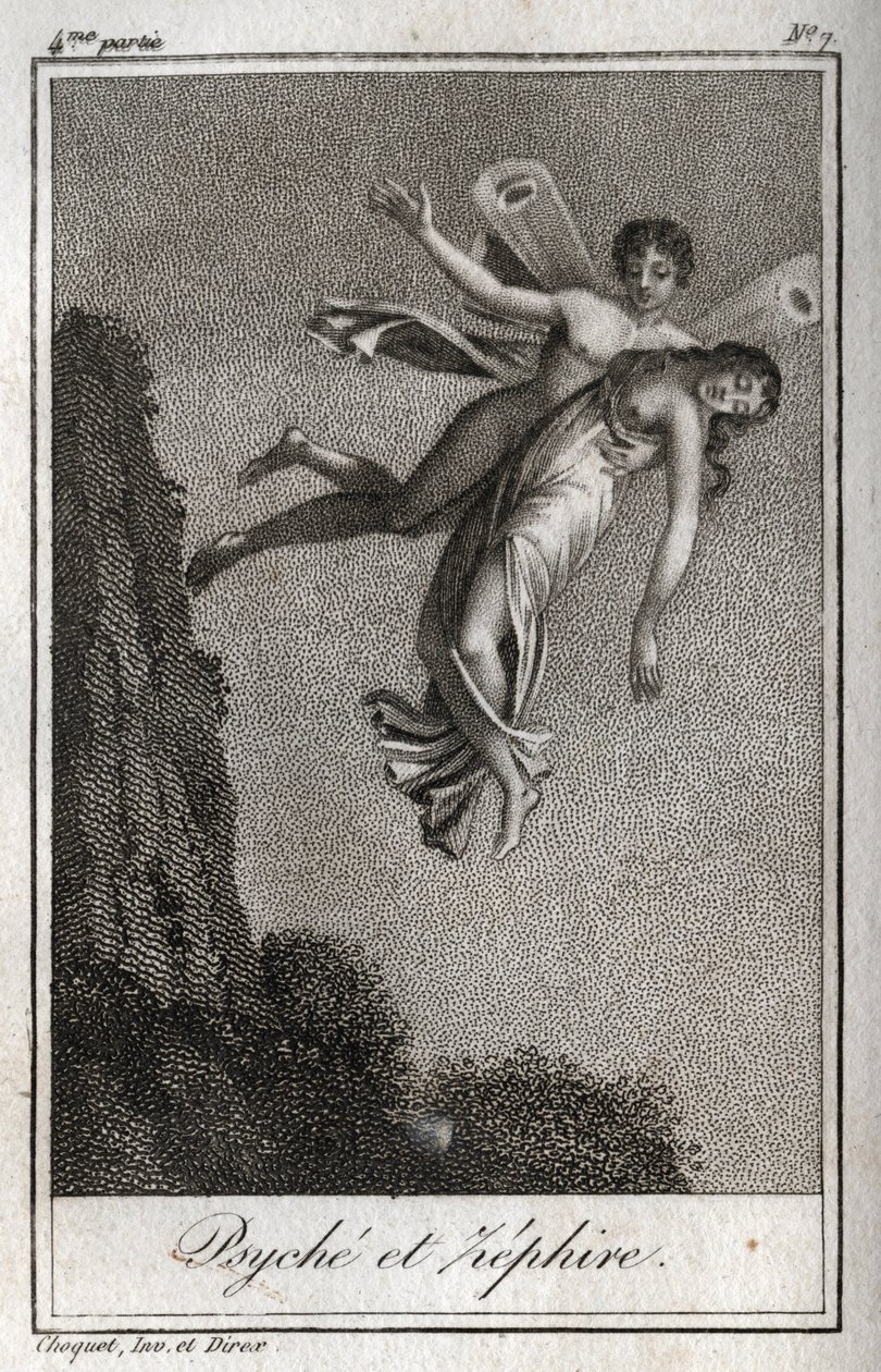 Psyche meegenomen door Zephyr. Gravure uit 1819 in "Lettres à Emilie sur la mythologie" door Charles Albert Demoustier (1760-1801). Privécollectie. door Anonymous Anonymous