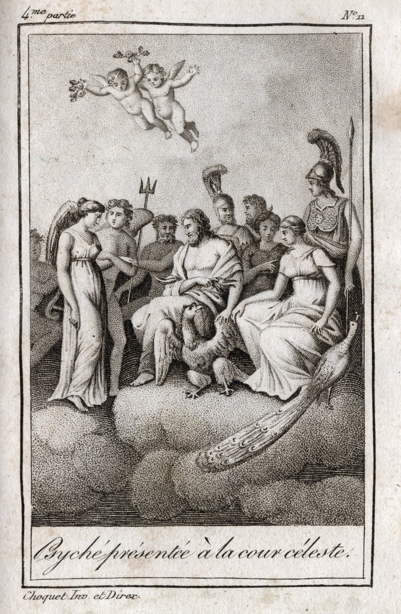 Psyche gepresenteerd aan het Hemelse Hof. Gravure uit 1819 in "Lettres à Emilie sur la mythologie" door Charles Albert Demoustier (1760-1801). Privécollectie. door Anonymous Anonymous