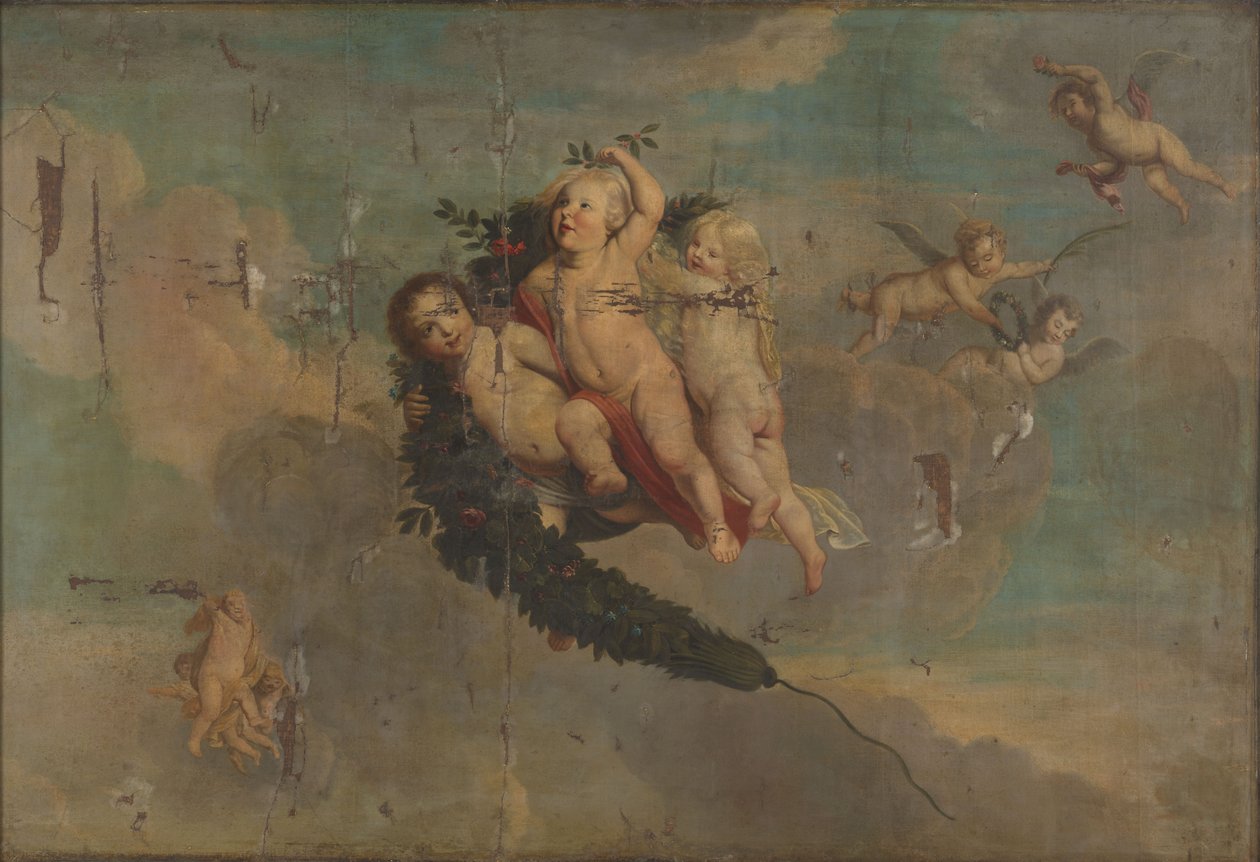 Putti met een festoen, ca.1650 (olieverf op doek) door Anonymous Anonymous