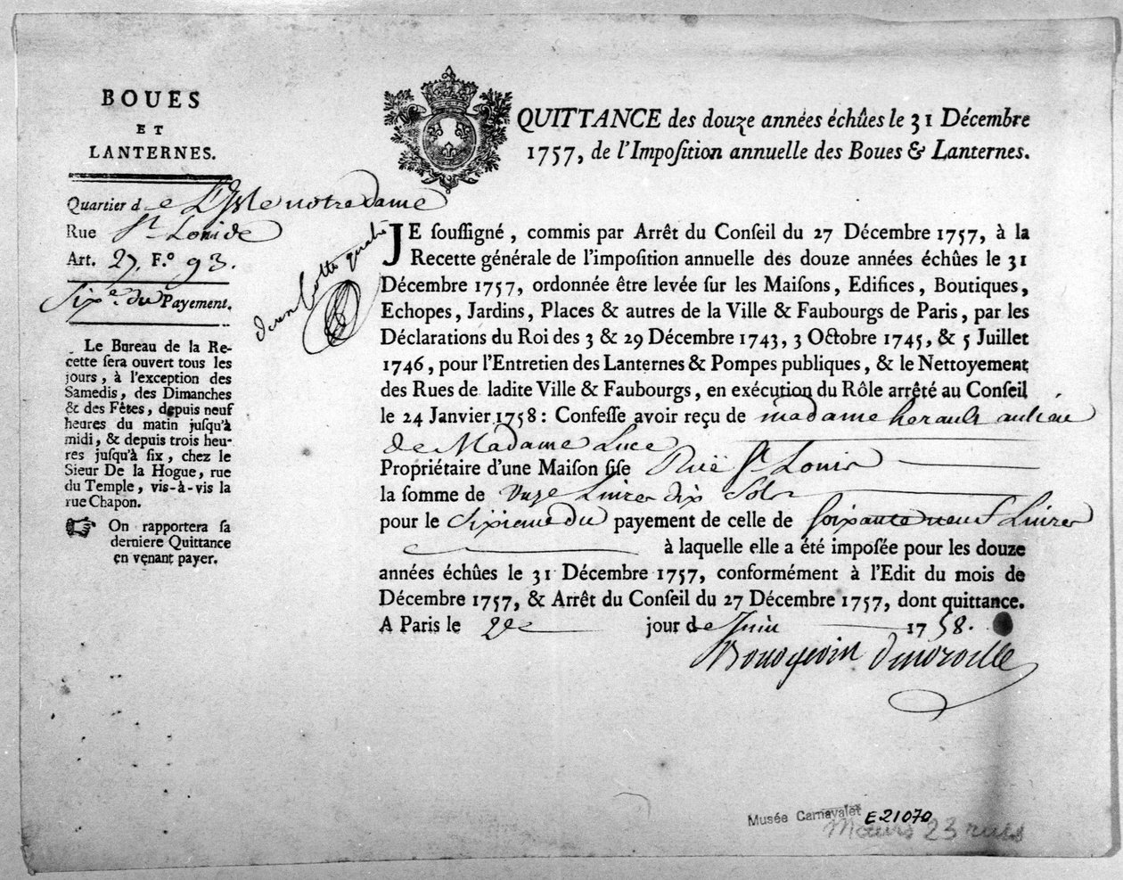 Ontvangstbewijs van het belastingkantoor betreffende de betaling van belastingen voor de modder en lantaarns, gedateerd december 1757 door Anonymous Anonymous