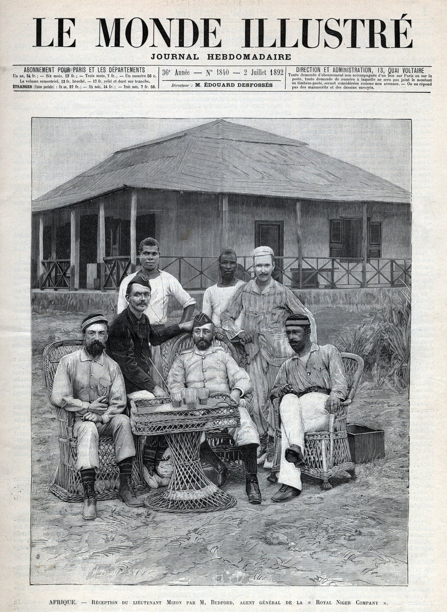 Ontvangst van luitenant Mizon door Frederick Bedford (1838-1913), algemeen agent van de Royal Niger Company. De Franse ontdekkingsreiziger Louis Alexandre Antoine Mizon (1853-1899) tijdens zijn reis naar West-Afrika. Een krant. Gravure in 
