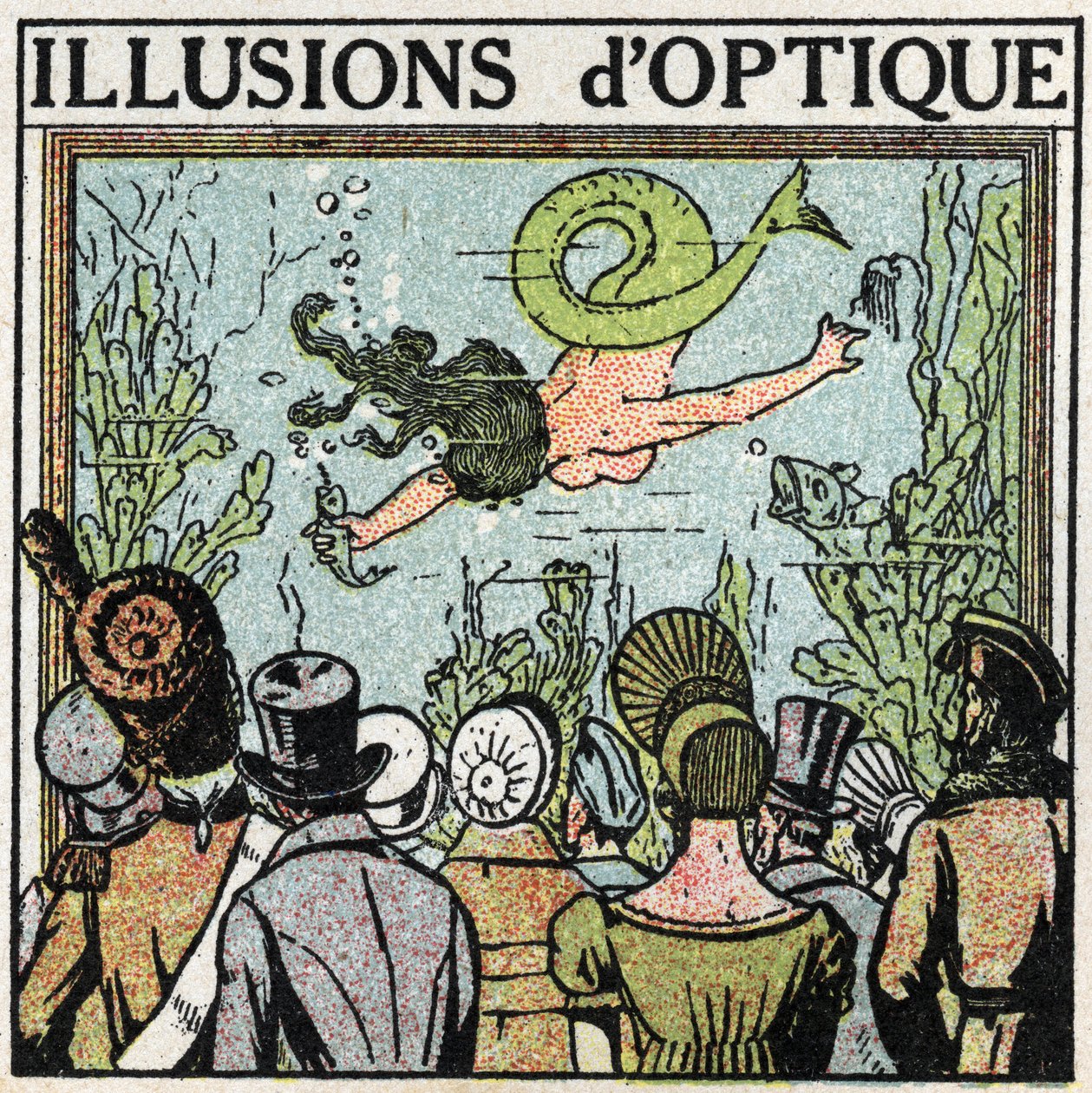 Reflectie van licht: optische illusie. Gebruik van een ijsje om de illusie van een vrouwvis te geven. Anonieme illustratie uit 1925. Privécollectie. door Anonymous Anonymous