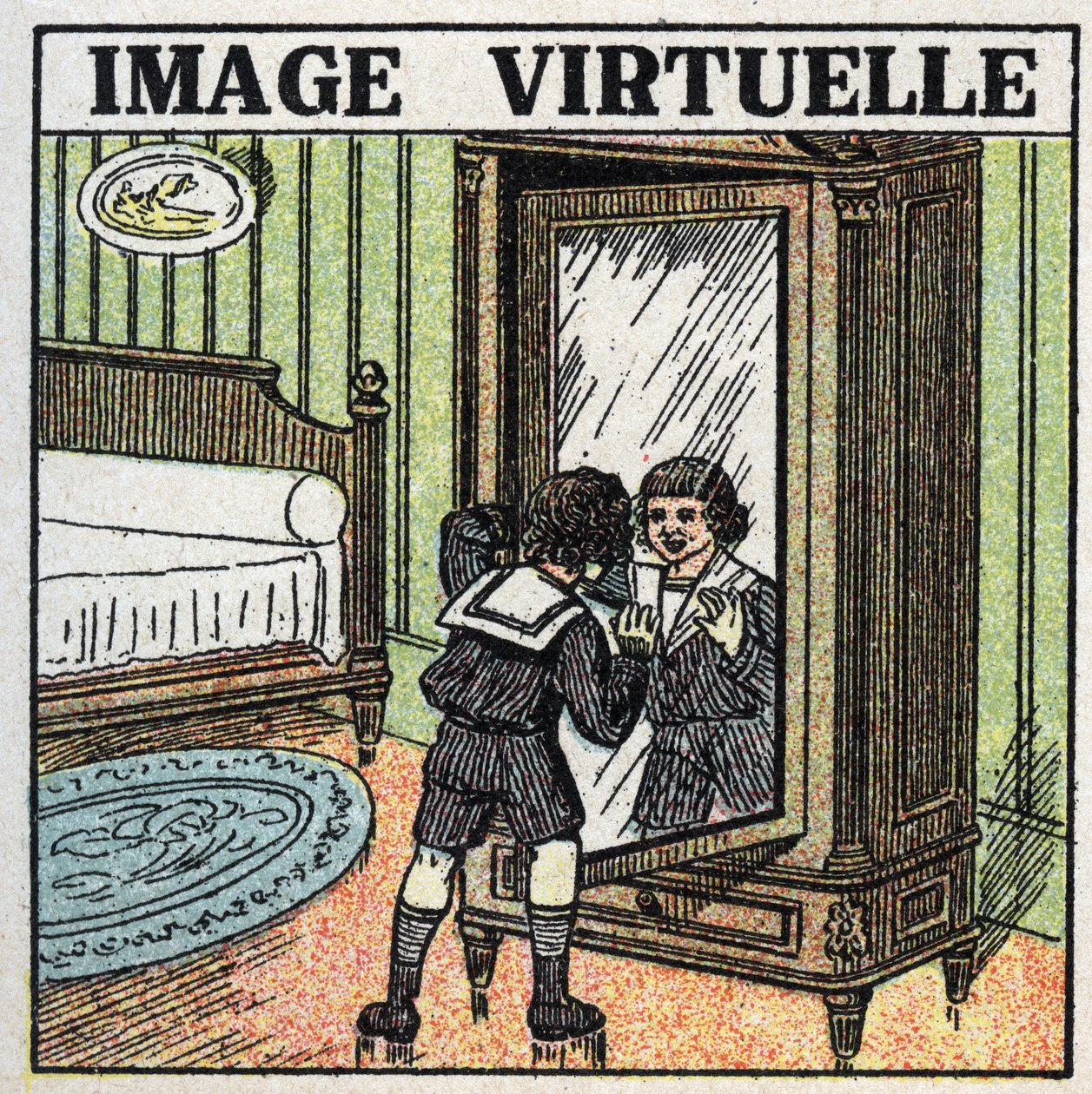 Reflectie van licht: virtueel beeld. Een kind dat zijn reflectie in een spiegel aanschouwt. Anonieme illustratie uit 1925. Privécollectie. door Anonymous Anonymous
