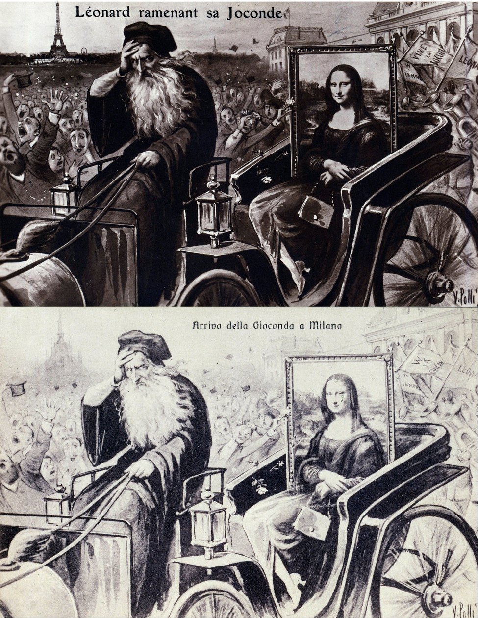 Voorstelling van Leonardo da Vinci die zijn werk Mona Lisa terugbrengt na de diefstal door Vincenzo Peruggia op 21/08/1911. Komische ansichtkaart door Anonymous Anonymous