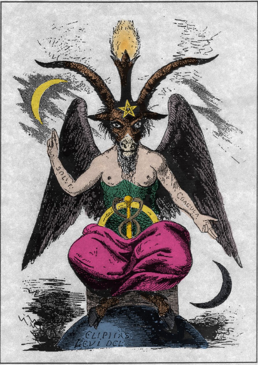 Voorstelling van de Baphomet: een monster met een geitenkop en een vrouwenlichaam met alchemistische citaten op de armen 