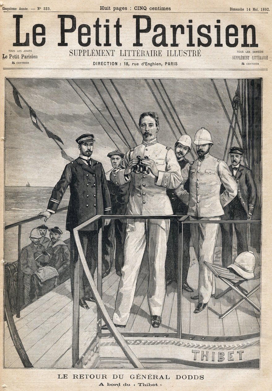 Terugkeer van generaal Alfred Dodds (1842-1922) van de Dahomey-expeditie aan boord van de Thibet. Een van de kranten 