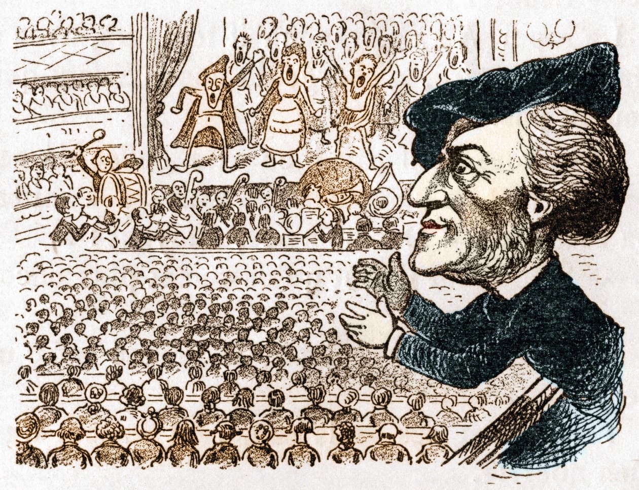 Richard Wagner gebruikt honderden zangers, muzikanten, miljoenen mensen huren zitplaatsen en hij is de enige die applaudisseert. Cartoon over de Duitse componist Richard Wagner (1813 - 1883) uit Les moeurs et la caricature en allemand door J. Grand-Cartere door Anonymous Anonymous