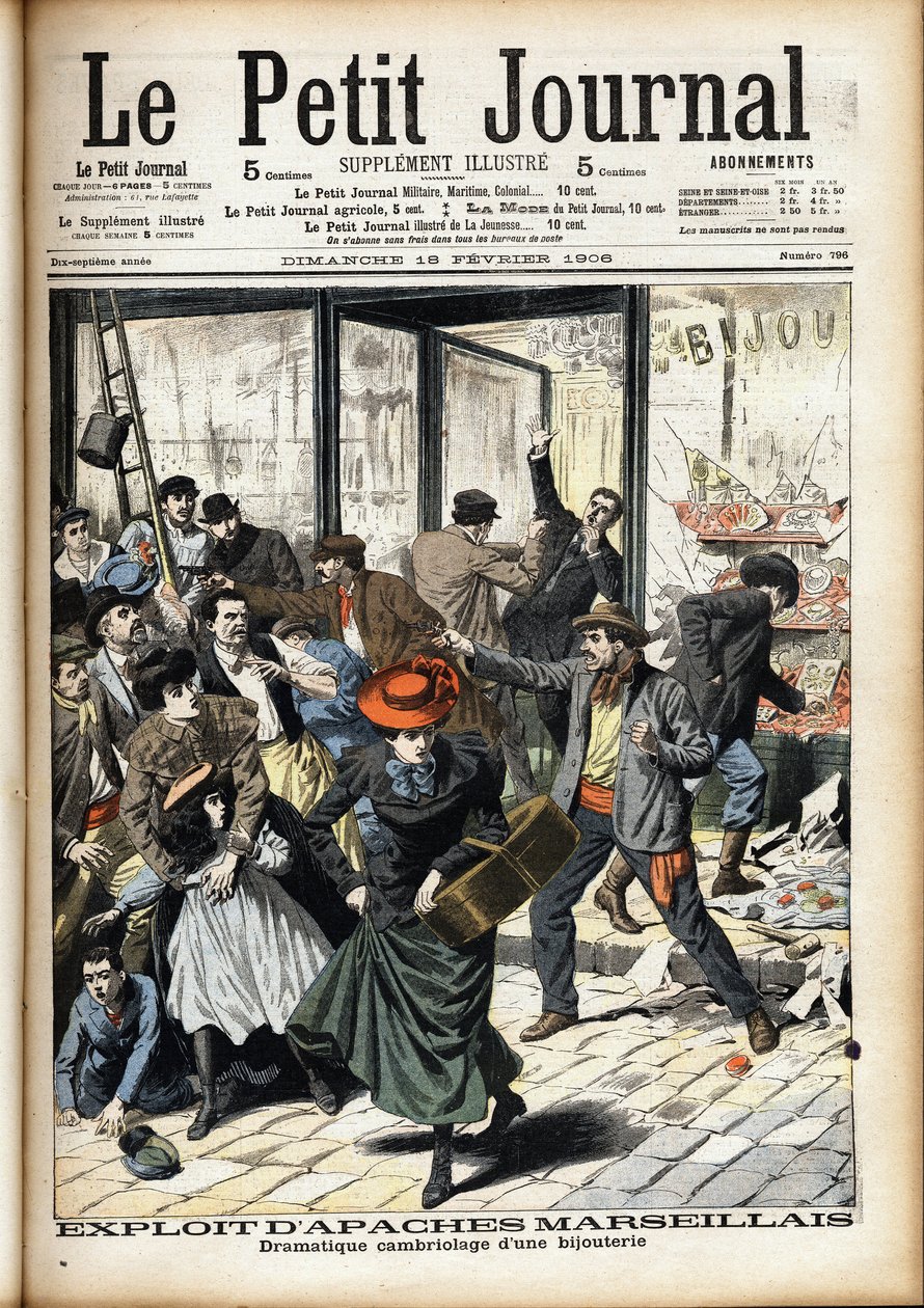 Overval op een juwelierszaak in Marseille door de Apachen van Marseille. Gravure in de kop van het Petitie Journal door Anonymous Anonymous