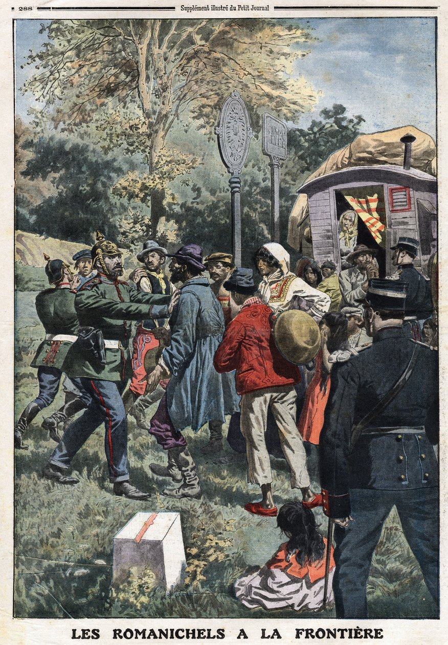 Zigeuners aan de grens: de Franse gendarmes sturen nomadische families naar de Duitse grens of Duitse gendarmes verhinderen hen om hun land binnen te dringen. Gravure in 