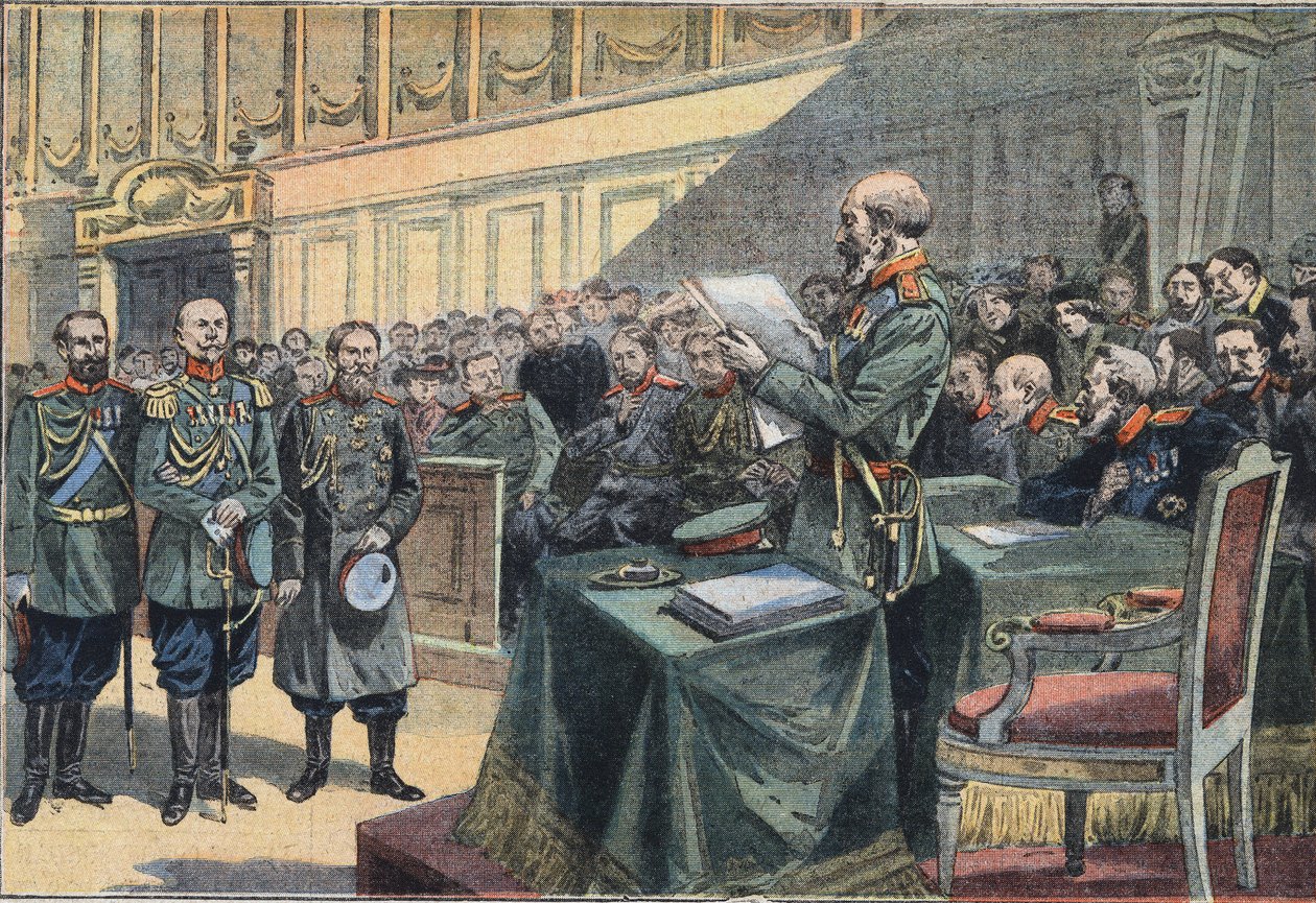 Russisch-Japanse Oorlog: Epiloog van het beleg van Port Arthur. Veroordeling van Generaal Stoessel, Generaal Fock kreeg een berisping en Generaals Reiss en Smyrnoff werden vrijgesproken. Gravure uit de krant 