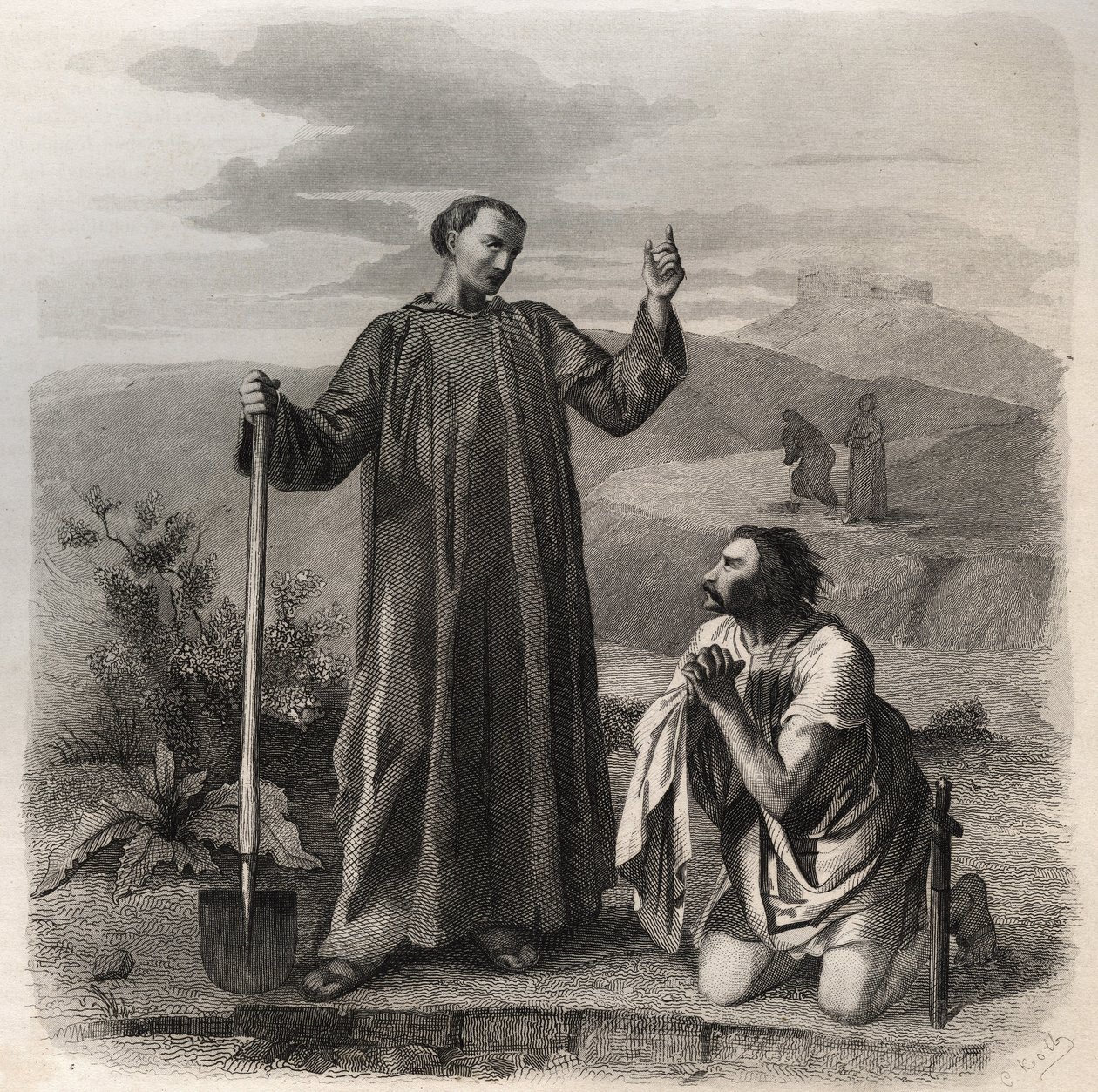 Sint Benedictus van Nursia verwelkomt Totila (6e eeuw) koning van de Ostrogoten. Gravure uit 1846 in 