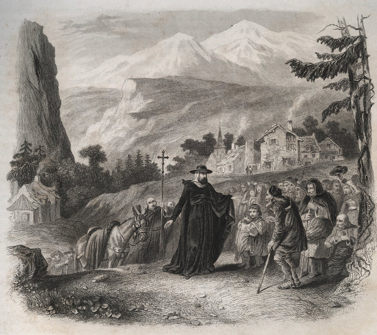 Sint Franciscus van Sales (1567-1622), bisschop van Genève op een pastorale bezoek. Gravure uit 1846 in 