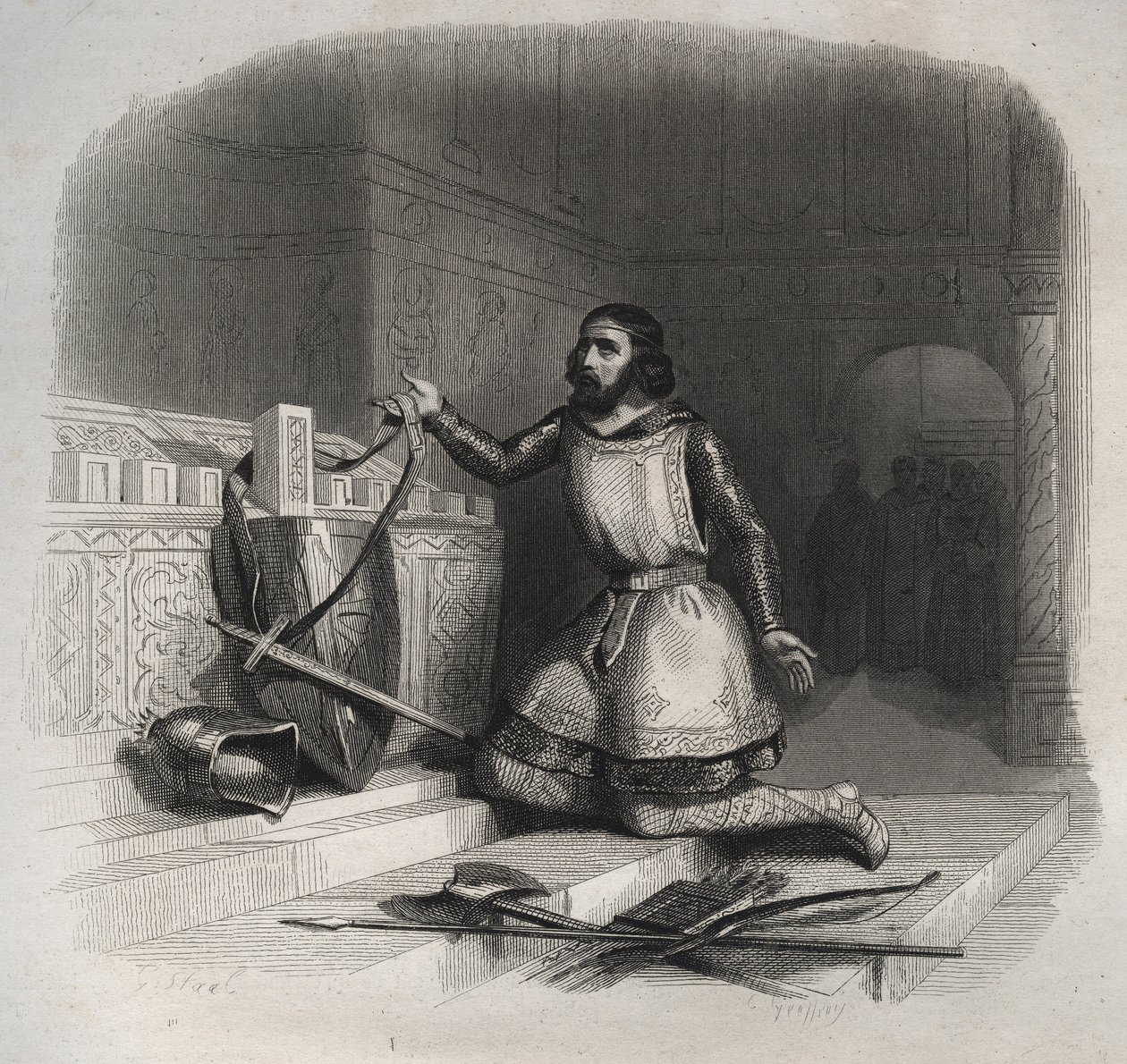 Saint William van Aquitanië (Guilhem van Gellone) (ca. 750/755-812/815) legt zijn wapens op het graf van Saint Julian de Martelaar in Brioude. Gravure uit 1846 in “Lives of the saints”. Privécollectie. door Anonymous Anonymous