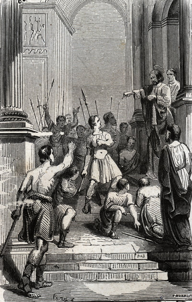 Saturnin van Toulouse (Saint Sernin, eerste christelijke bisschop van Toulouse) (3e eeuw) gearresteerd op het Capitool van Toulouse - Gravure van 1846 in 