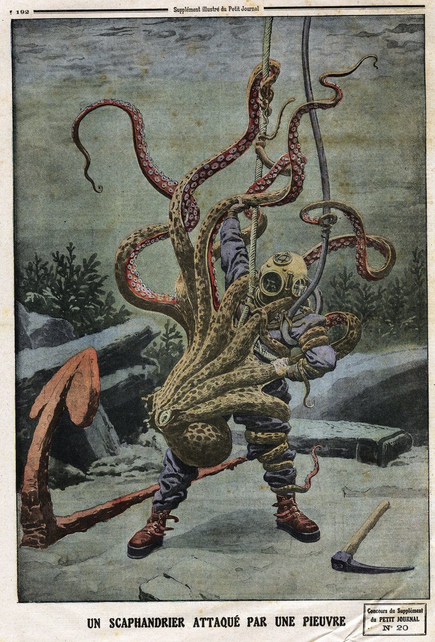 Duiker aangevallen door een octopus. Gravure in "Le Petit Journal", op 16/06/1912. Privécollectie. door Anonymous Anonymous