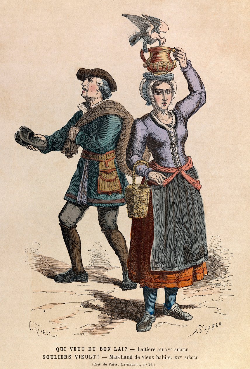 Verkopers van melk en tweedehands kleding 15e eeuw - privécollectie door Anonymous Anonymous