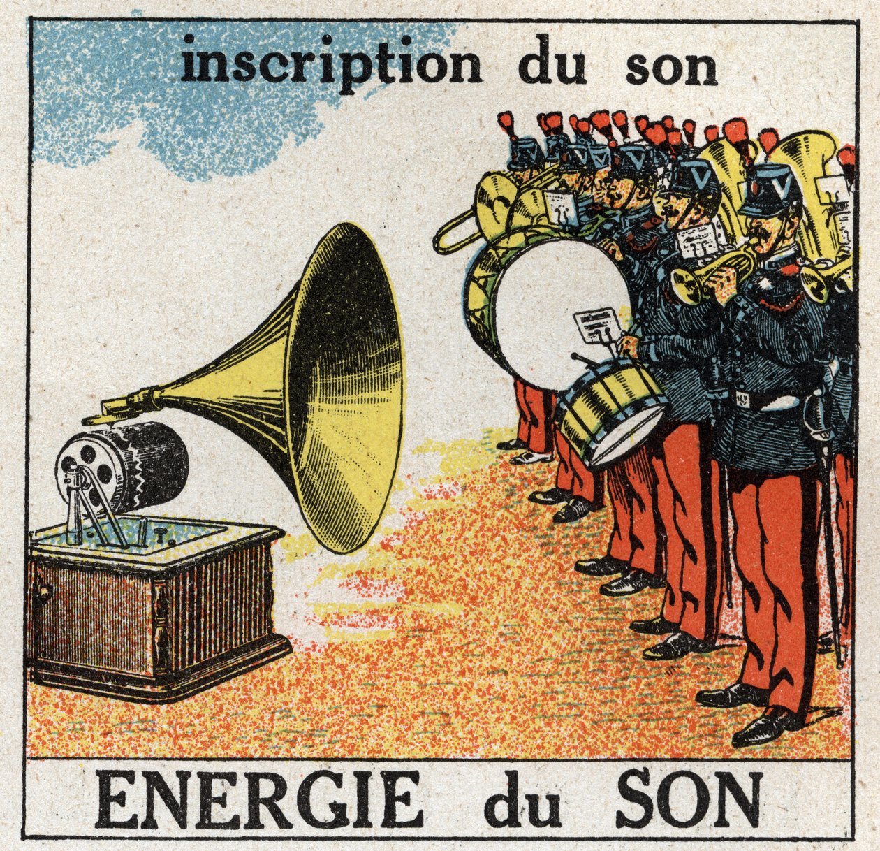 Geluidsenergie: het opnemen van de muziek van een militaire band met een grammofoon. Anonieme illustratie uit 1925. Privécollectie. door Anonymous Anonymous