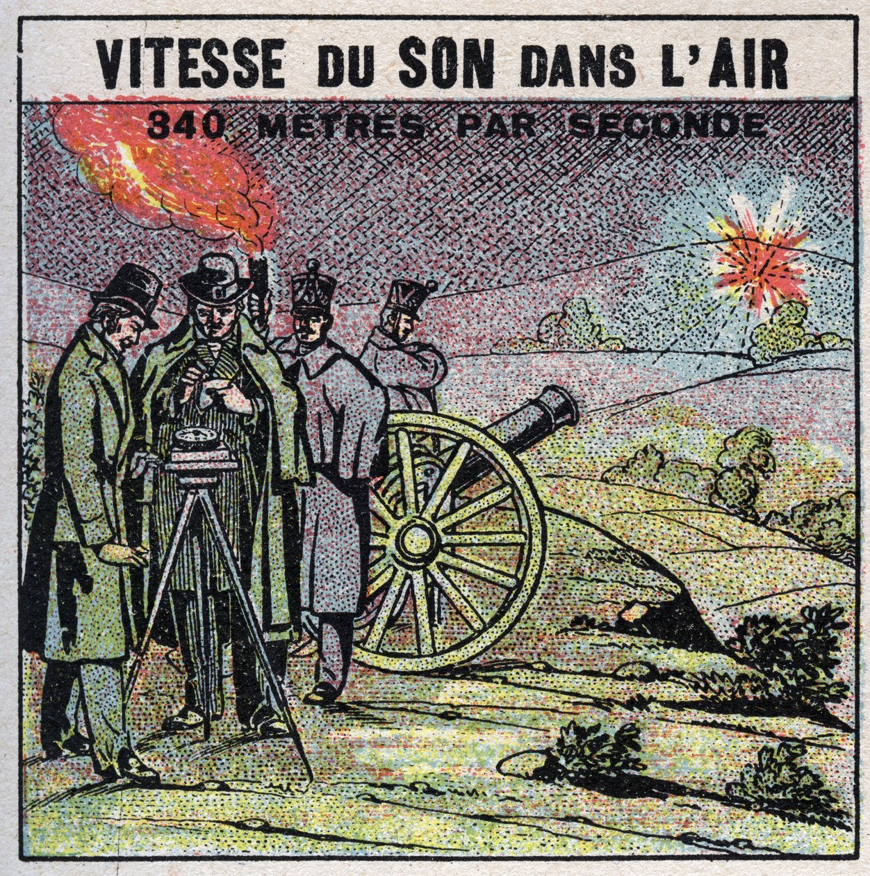 Geluidsenergie: snelheid van geluid in de lucht. Experiment van 1822 door Louis-Joseph Gay-Lussac (1778-1850) en Francois Arago (1786-1853) die een reeks kanonschoten afvuurden tussen Montlhery en Villejuif. door Anonymous Anonymous