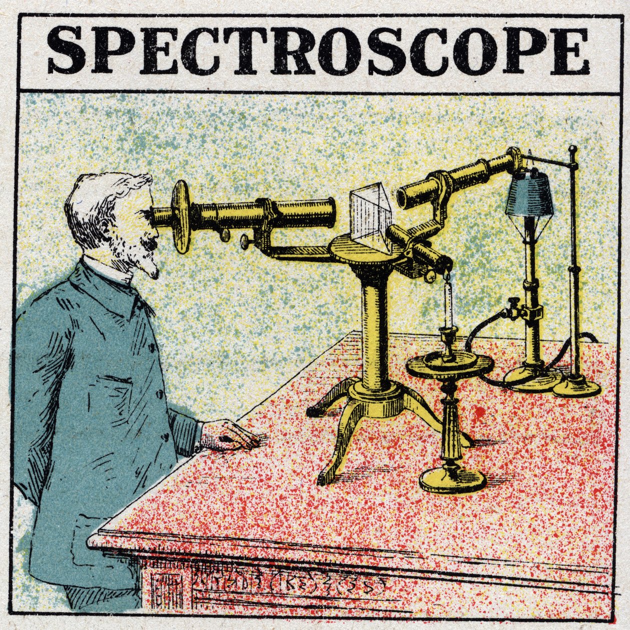 Spectrale analyse: een spectroscoop. Anonieme illustratie uit 1925. Privécollectie. door Anonymous Anonymous