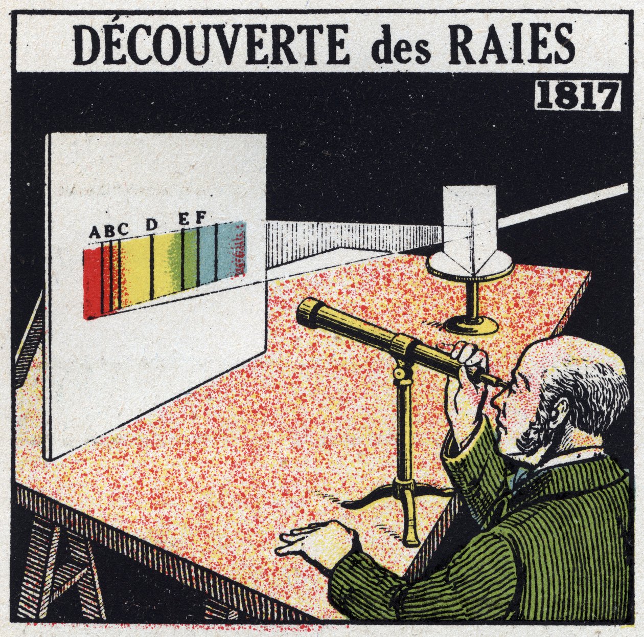 Spectrale analyse: ontdekking van stralen door Joseph von Fraunhofer in 1817. Anonieme illustratie uit 1925. Privécollectie. door Anonymous Anonymous