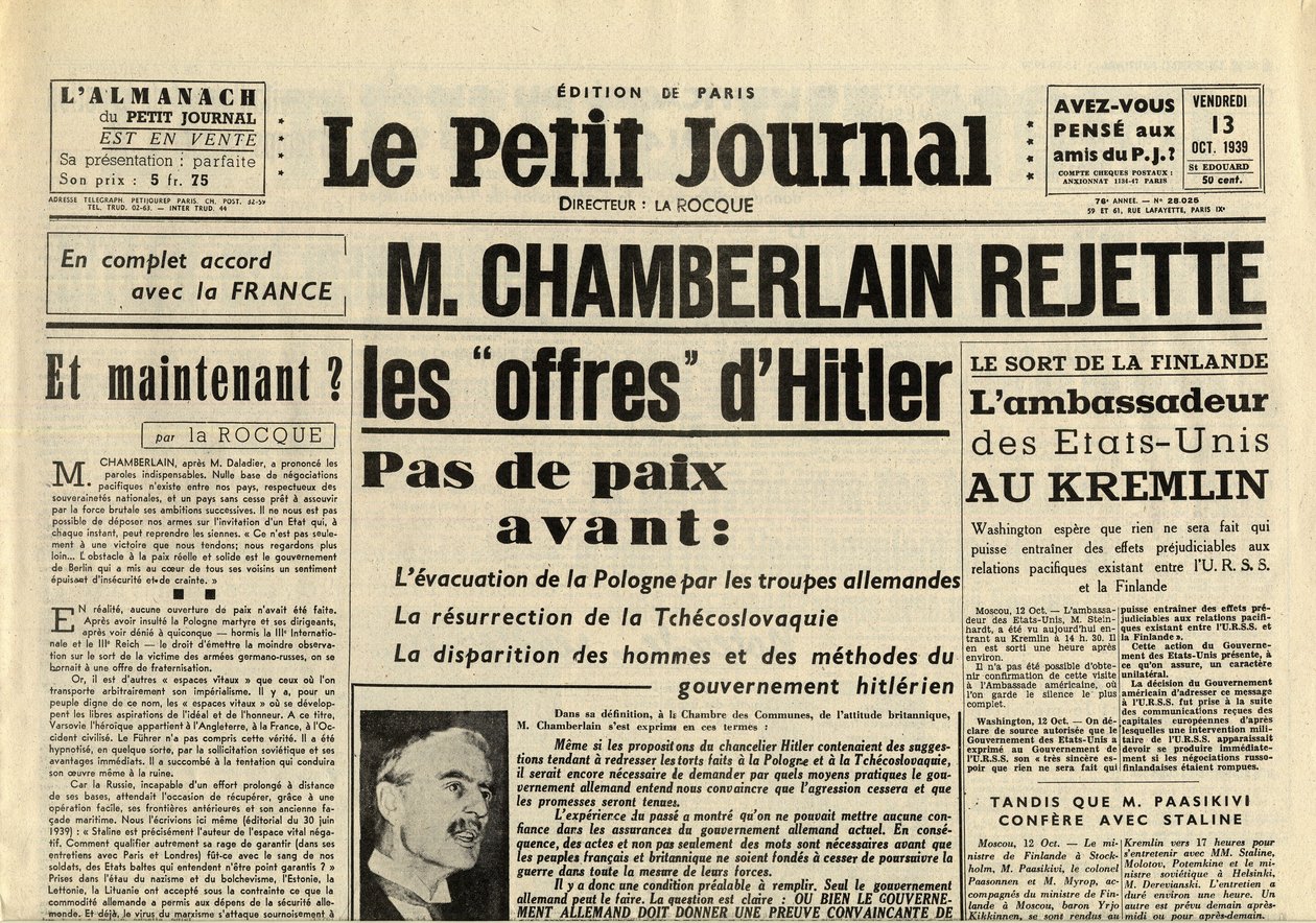 Het Smittle Journal vrijdag 13 oktober 1939 Neville CHAMBERLAIN (1869-1940) wijst de aanbiedingen van Adolf Hitler af door Anonymous Anonymous