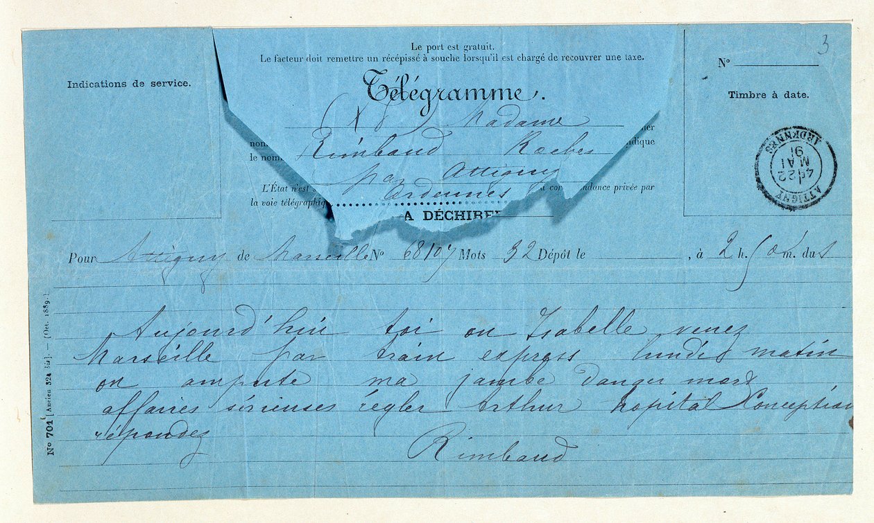 Telegram van Rimbaud aan zijn moeder, Marseille, 22 mei door Anonymous Anonymous