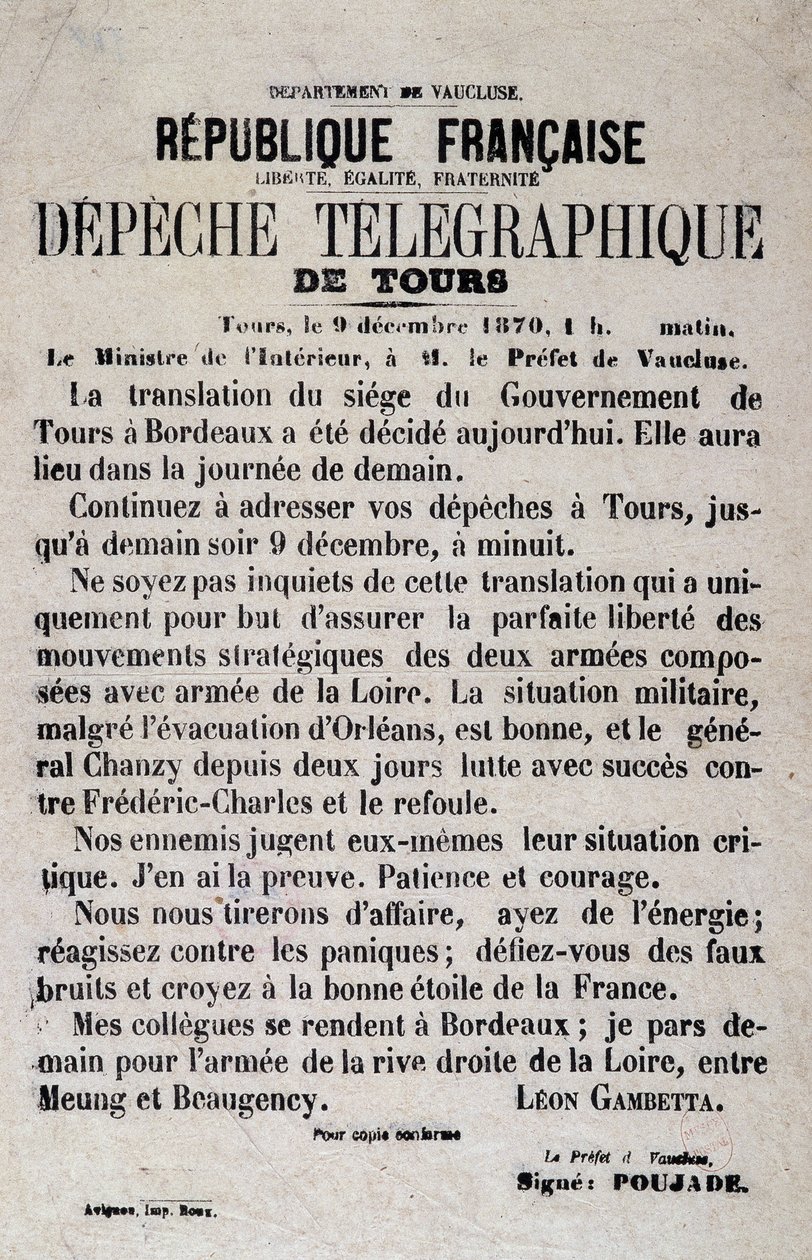 Telegrafisch nieuws van Tours van 9/12/1870 door Léon Gambetta door Anonymous Anonymous