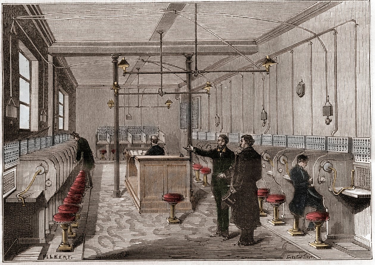 Telefooncentrale gebouwd volgens het Edison Gower-Bell telecommunicatiesysteem - eerste centrale telefoon in Parijs in 1879 - systeem door de Amerikaan Frederick Gower - gravure in 